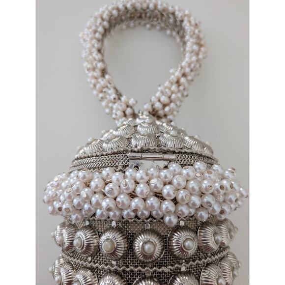 Ramla Cocktail Pearl Handmade Beaded Bag Silver Evening Clutch Purse Handbag - Picture 2 of 7